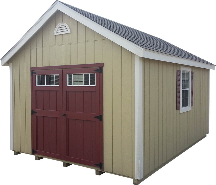 Painted Cape Cod Deluxe shed with shutters and flower box - Amish-built Michigan - Cedar Rock Barns
