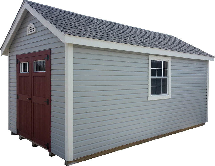 Vinyl Cape Cod Deluxe shed with shutters and flower box - Amish-built Michigan - Cedar Rock Barns