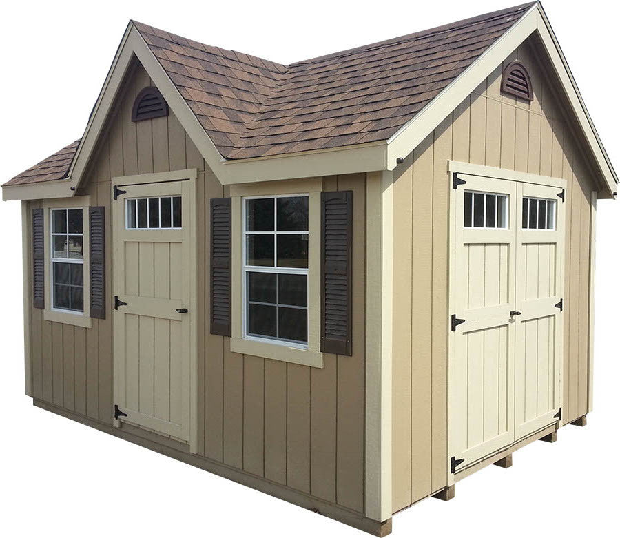 Painted Chalet Deluxe shed with dormer shutters and flower box - Amish-built Michigan - Cedar Rock Barns