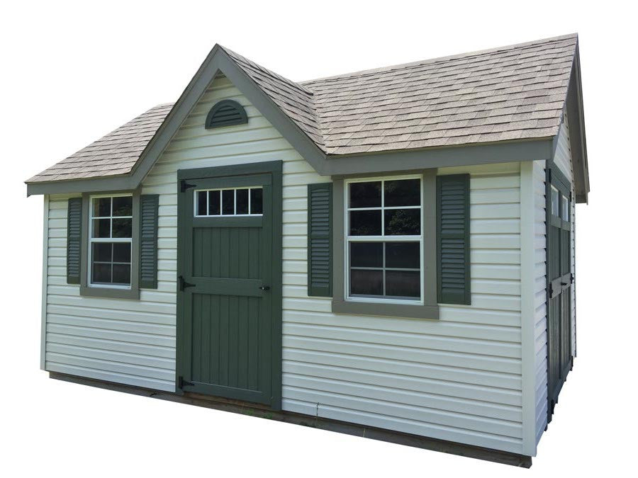 Vinyl Chalet Deluxe shed with dormer windows and shutters - Amish-built Michigan - Cedar Rock Barns