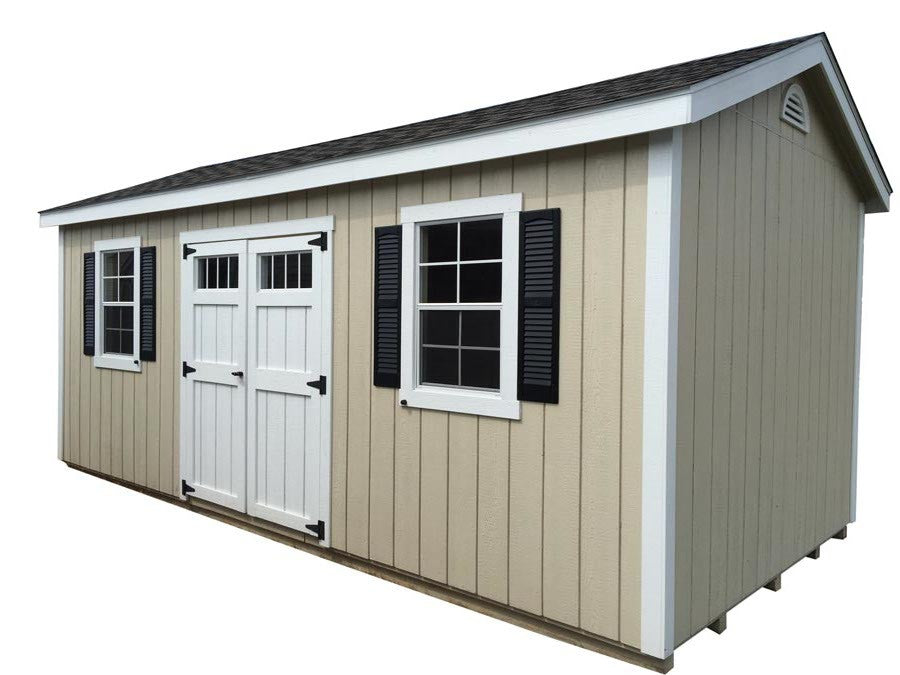 Painted Cottage Deluxe shed with shutters and flower box - Amish-built Michigan - Cedar Rock Barns