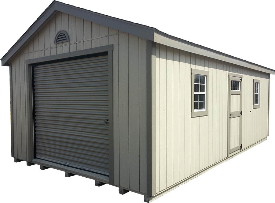 Painted Garage Deluxe portable building with shutters - Amish-built Michigan - Cedar Rock Barns