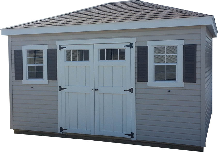 Painted Hip Barn shed with hip roof - Amish-built custom color storage building Michigan - Cedar Rock Barns