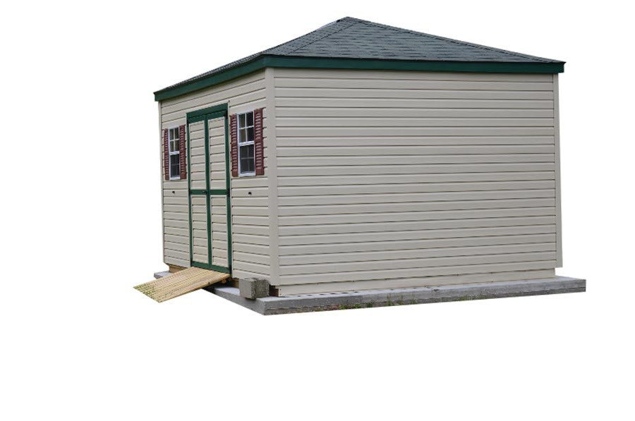 Vinyl Hip Barn shed with four-slope hip roof - Amish-built storage building Michigan - Cedar Rock Barns